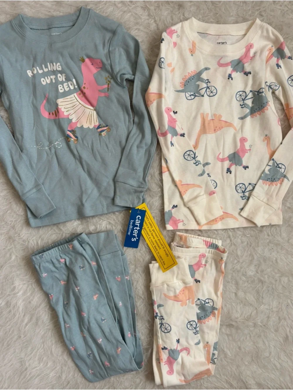 Carter's NWT Girls Set of 2 Dino Pajamas Light Blue, Cream & Pink Accents